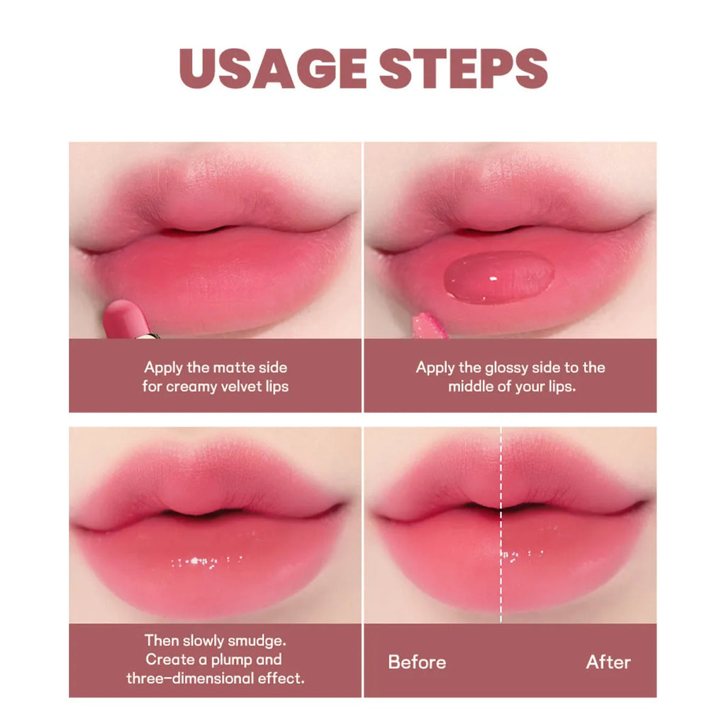 Double-headed lipstick and lip gloss in matte finish showing 10 colour options numbered 01 to 10