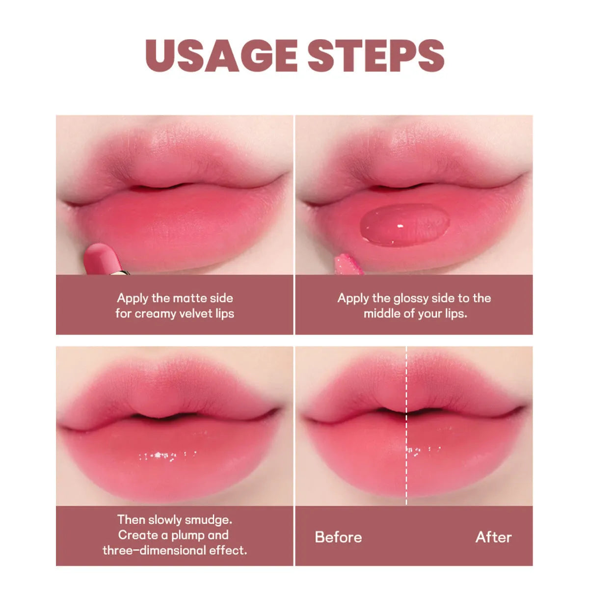 Double-headed lipstick and lip gloss in matte finish showing 10 colour options numbered 01 to 10