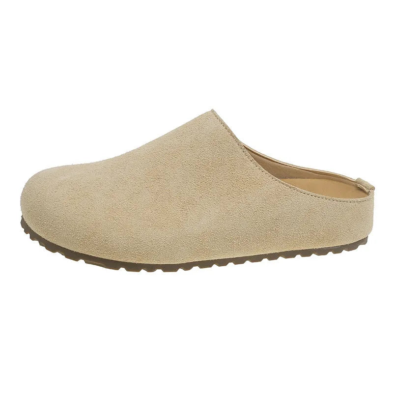Korean-style flat slippers in apricot colour with microfiber upper and PU sole