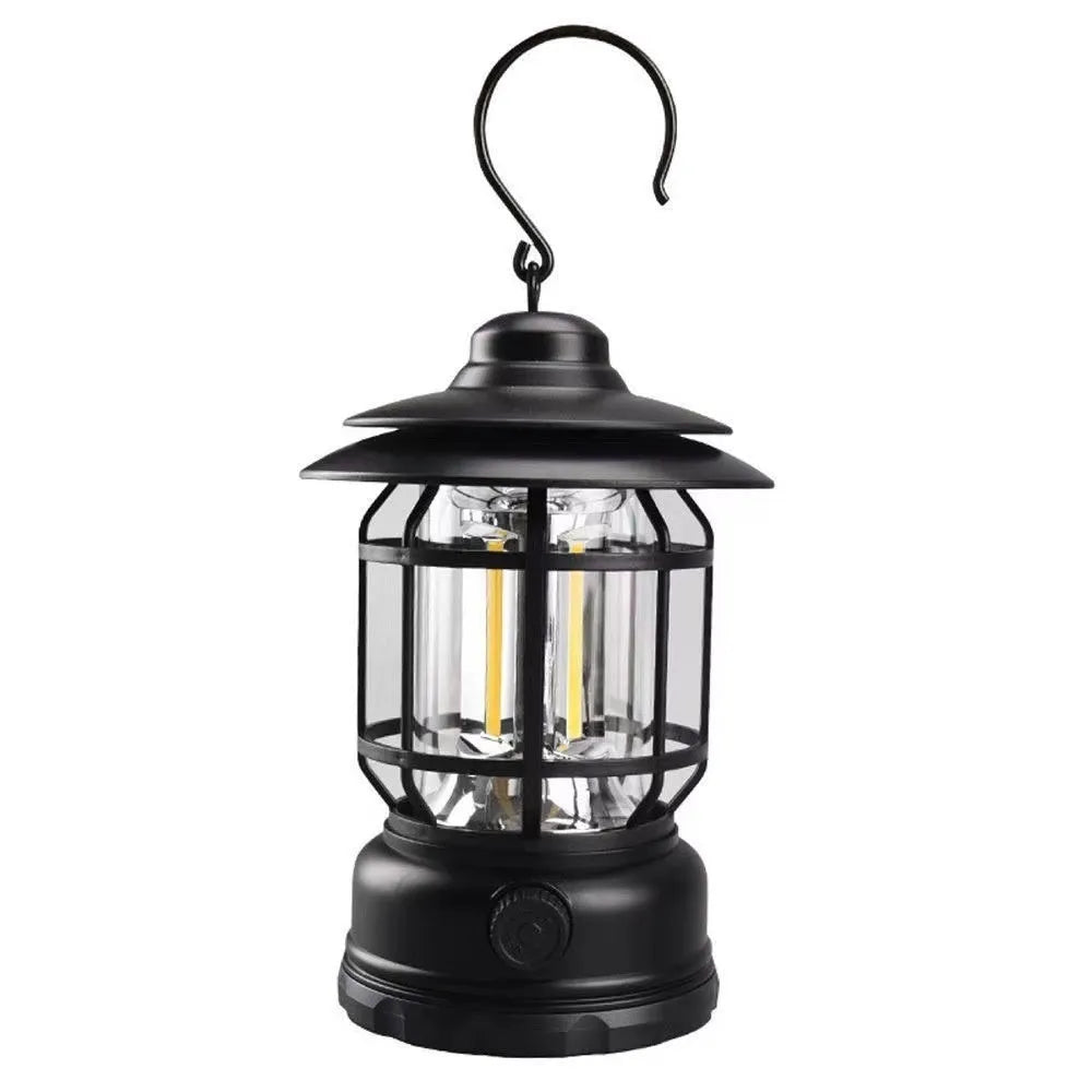 Portable camping lantern in dark green, black, or red with battery power options