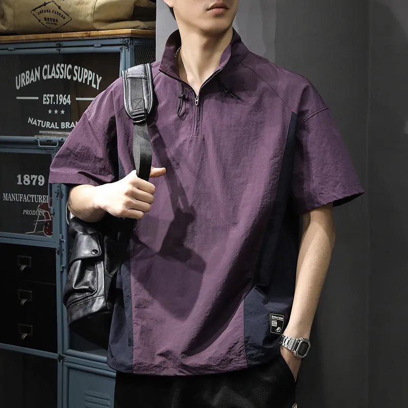 Men's brown half-zip stand collar business casual shirt with short sleeves and ice silk fabric