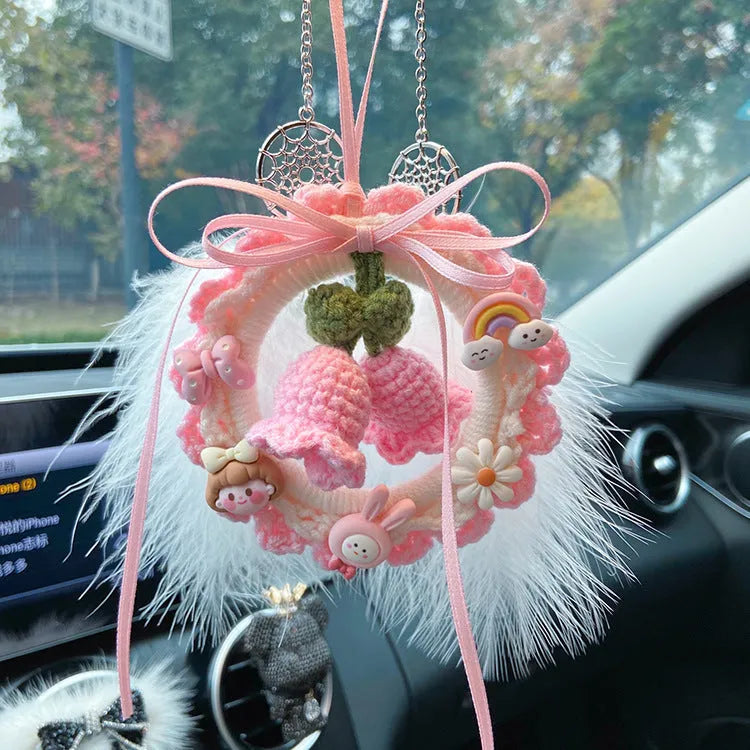 Hand-woven wool bell orchid car pendant in green, pink, purple and yellow colour options