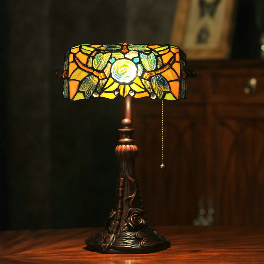 10-inch Tiffany stained glass table lamp with coloured shade on resin base