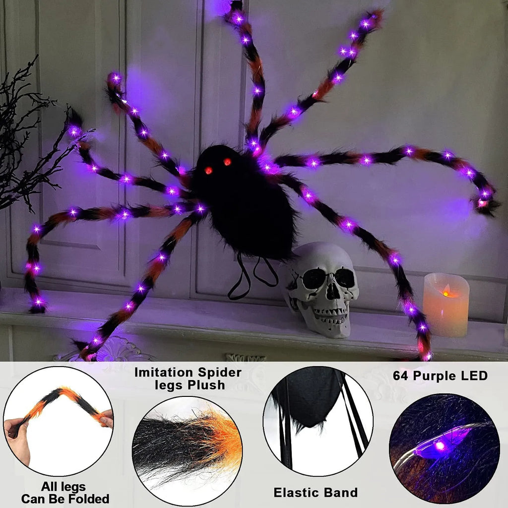 Halloween spider backpack with LED lights in plush sugar bag design shown in orange purple light colour