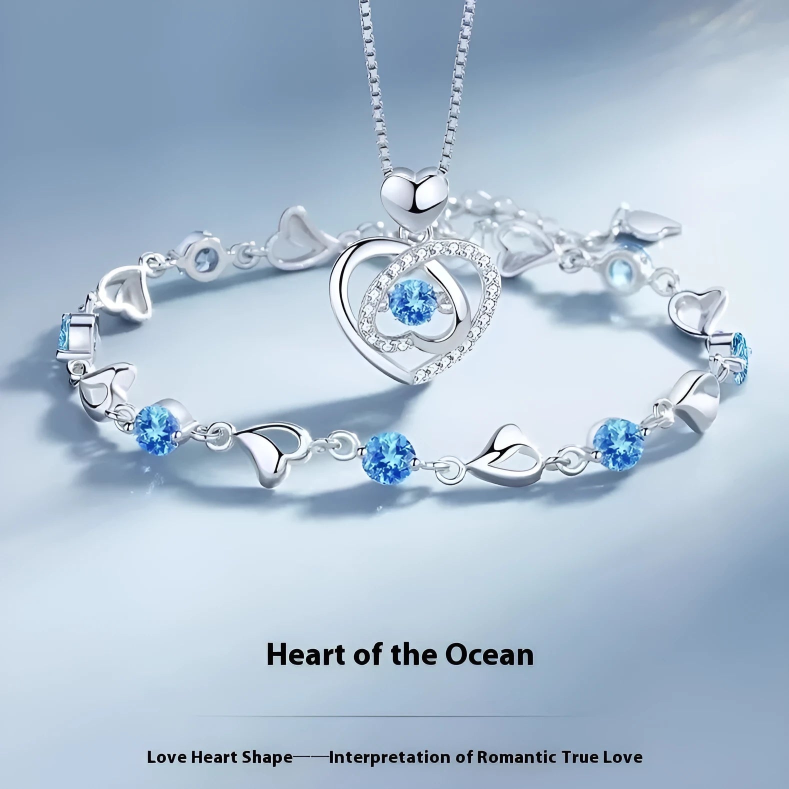 Blue diamond heart necklace and bracelet set with copper construction and adjustable chain