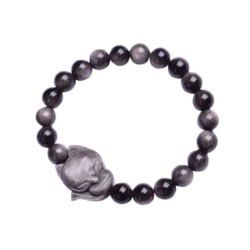 Obsidian fox bracelet with 8mm polished stone beads and detailed fox charm pendant