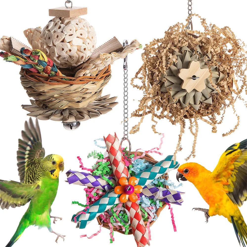 Parrot gnawing molar chew toy set with three wooden pieces of different weights for bird beak care