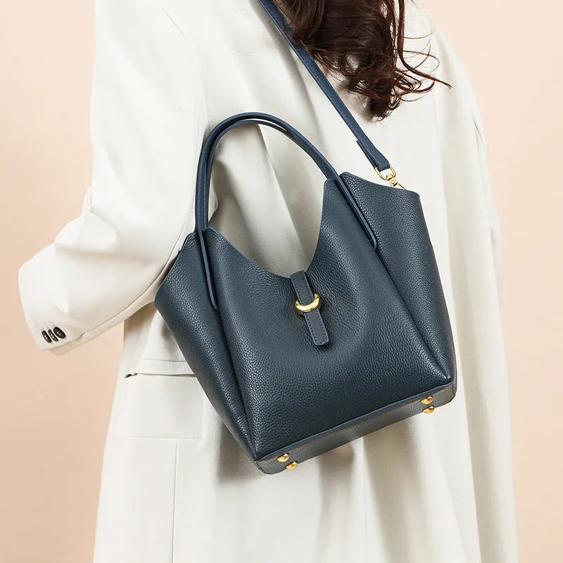 Genuine leather women's bucket handbag with file compartment in retro European style