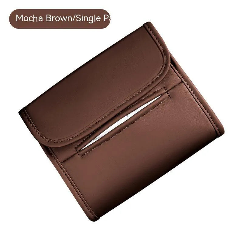 Leather car tissue box with elastic band button for sun visor or chair back mounting