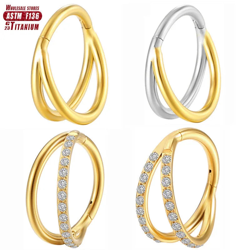 Titanium alloy L-shaped fork nose ring in silver, gold, black, rose gold and colourful finishes on a white background.