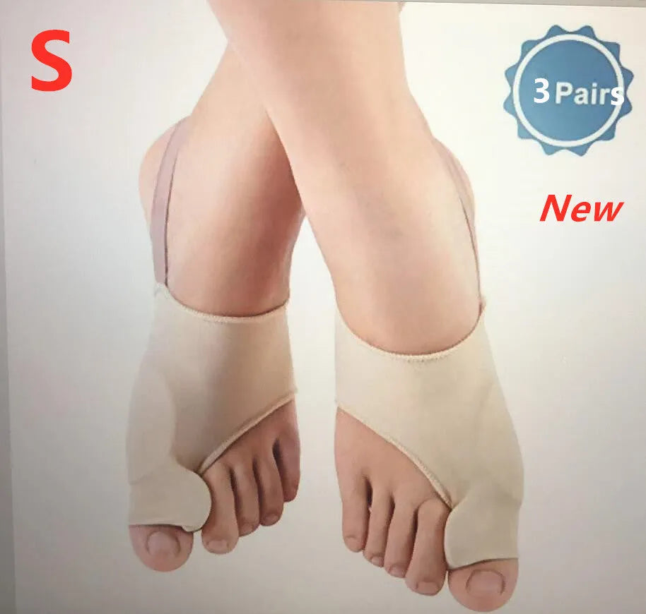 Pair of beige corrective toe socks with a clear silicone gel bunion pad and toe separator.