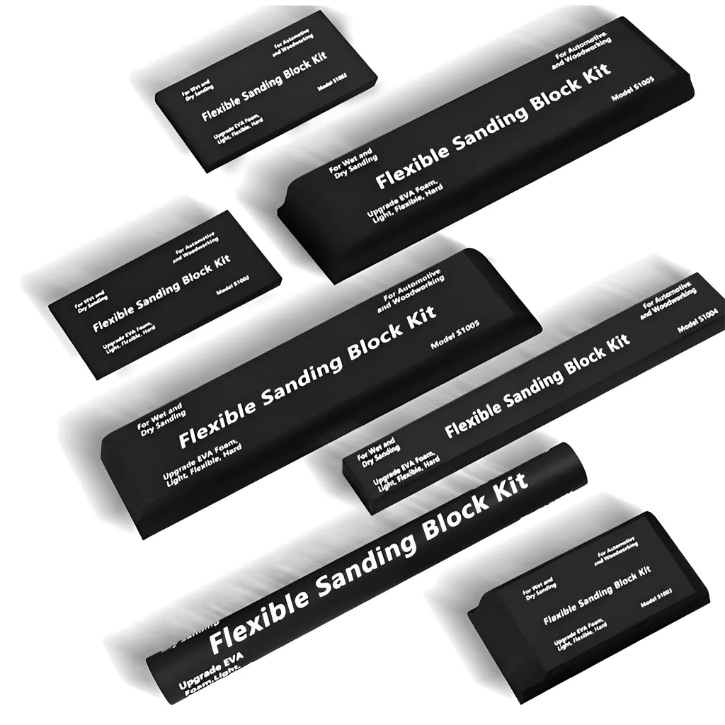 Seven black frosted EVA display blocks arranged in staggered formation