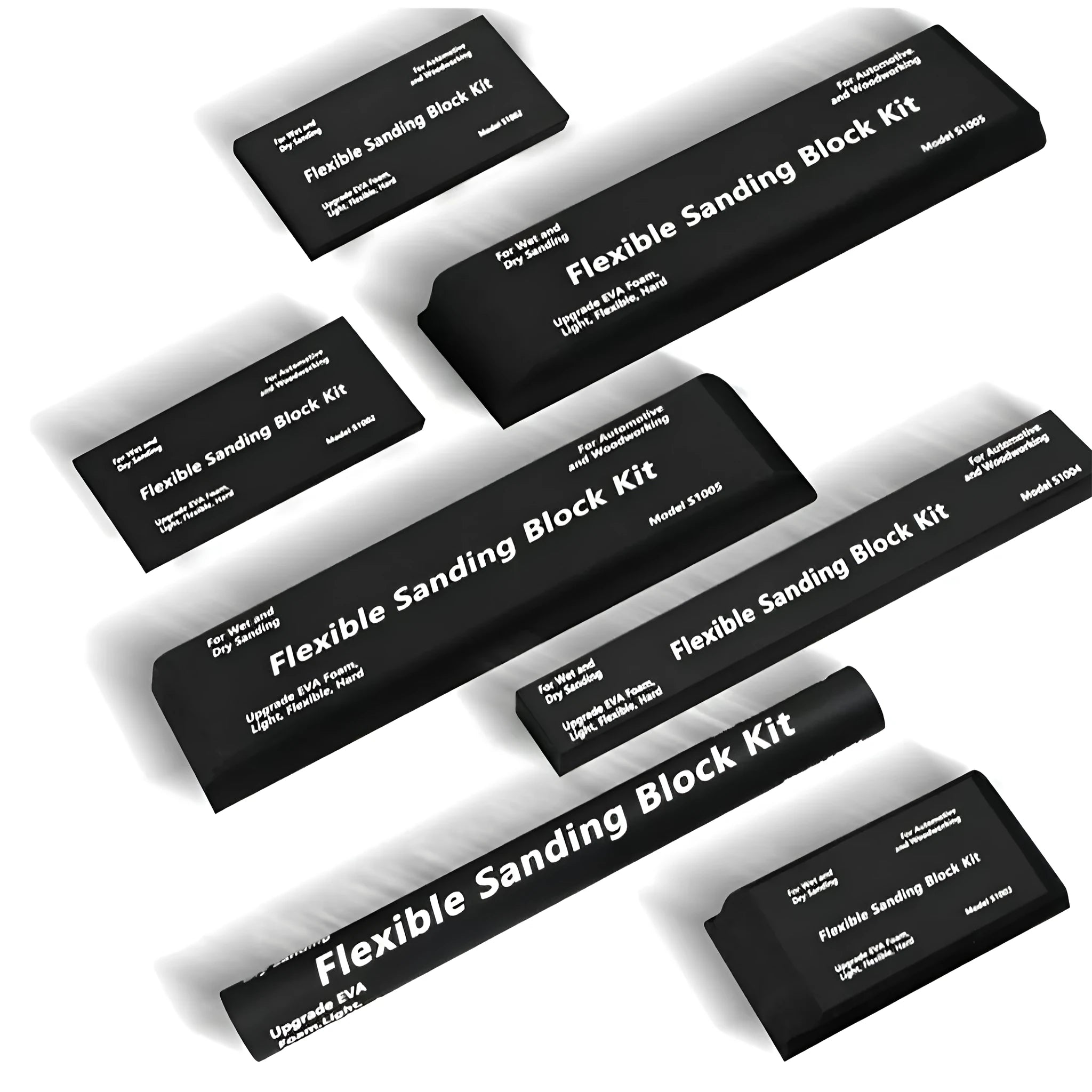 Seven black frosted EVA display blocks arranged in staggered formation