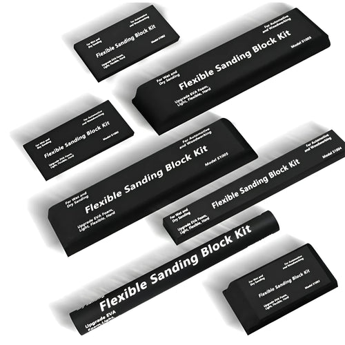 Seven black frosted EVA display blocks arranged in staggered formation