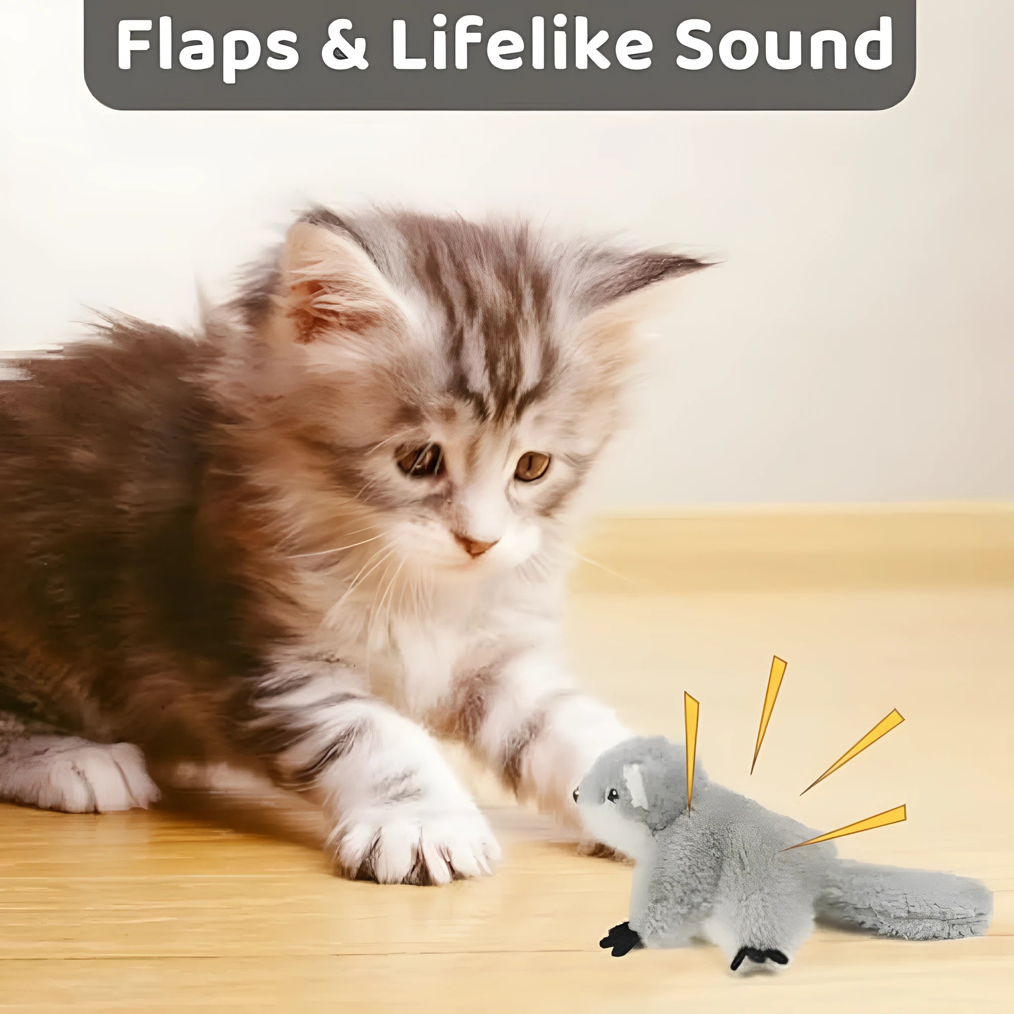 Grey flapping squirrel cat toy with motion sensor, USB charging port, and soft plush material