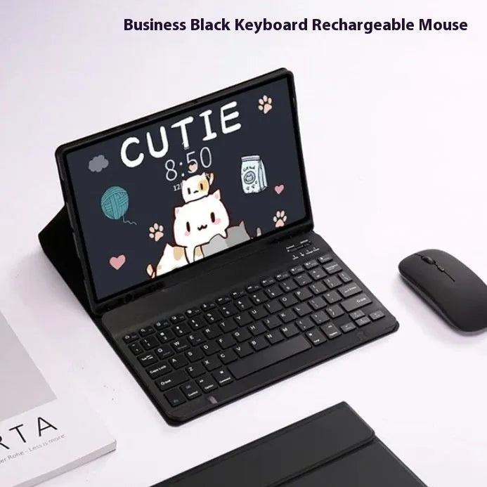 Samsung Galaxy tablet in a TPU keyboard case with a Bluetooth charging mouse, shown in Elegant Pink colour.