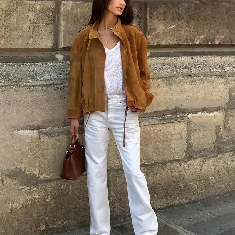 European and American retro loose-fit solid colour polyester jacket with long sleeves