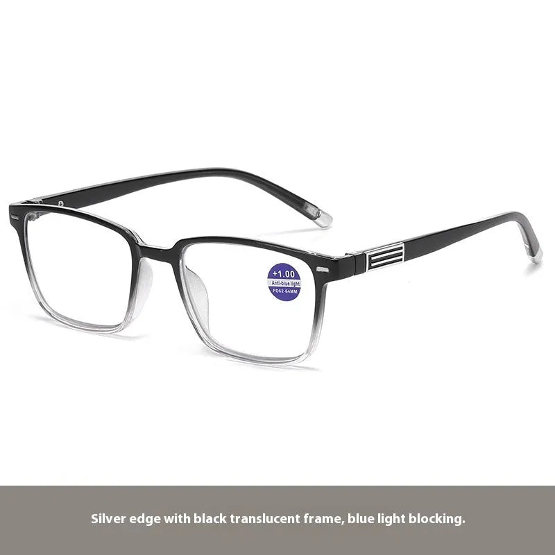 Anti blue light multifocal reading glasses with colour-changing grey PC lenses in a black and silver frame style.