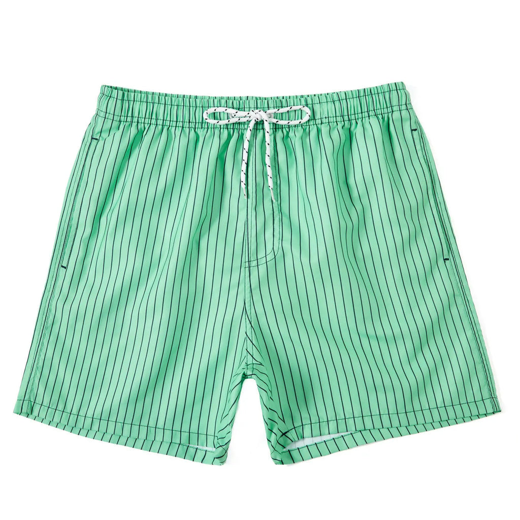 Men's striped beach shorts in navy blue, available in Asian sizes S to XXL with a straight-leg opening.