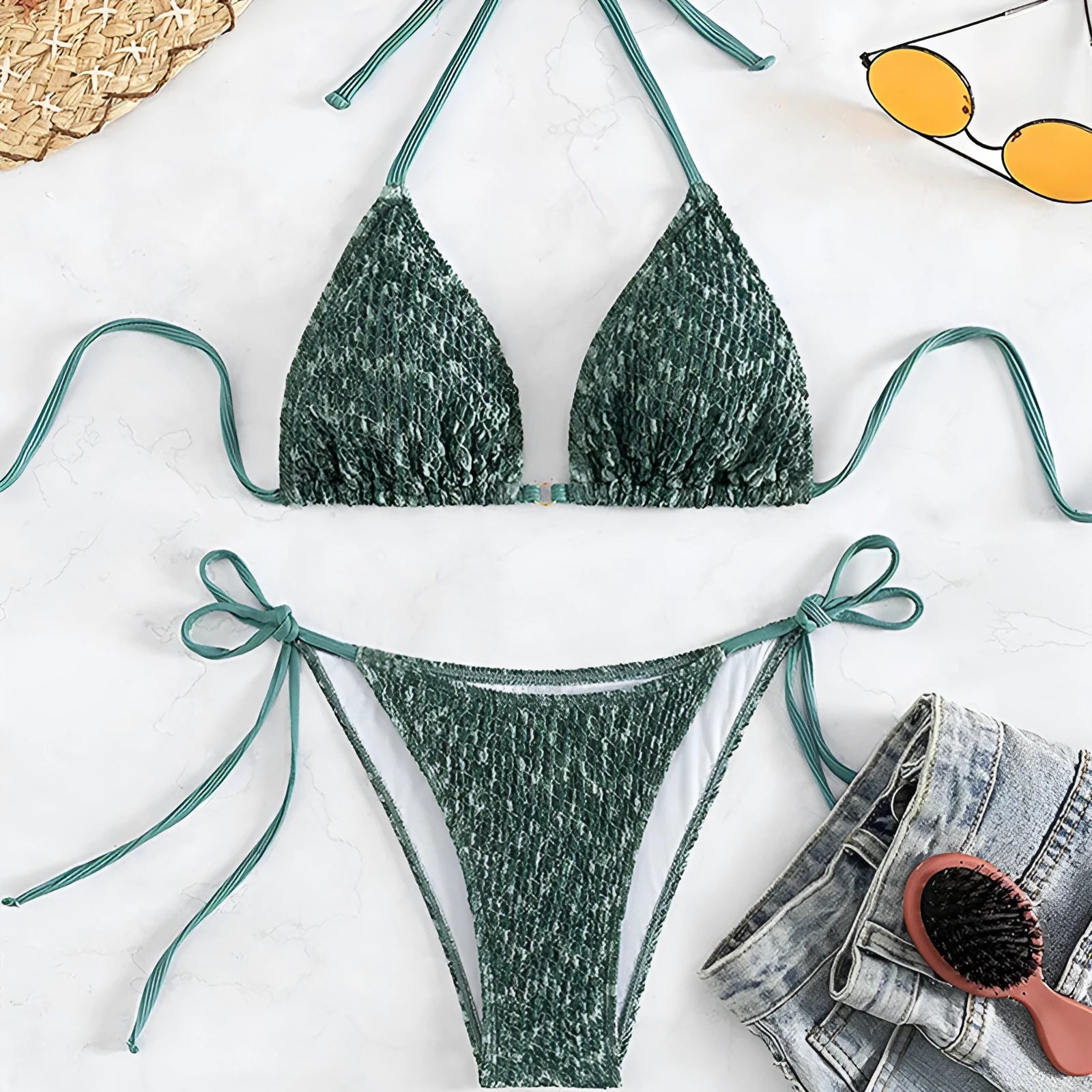 Green women's backless halter swimsuit bikini set with matching shorts