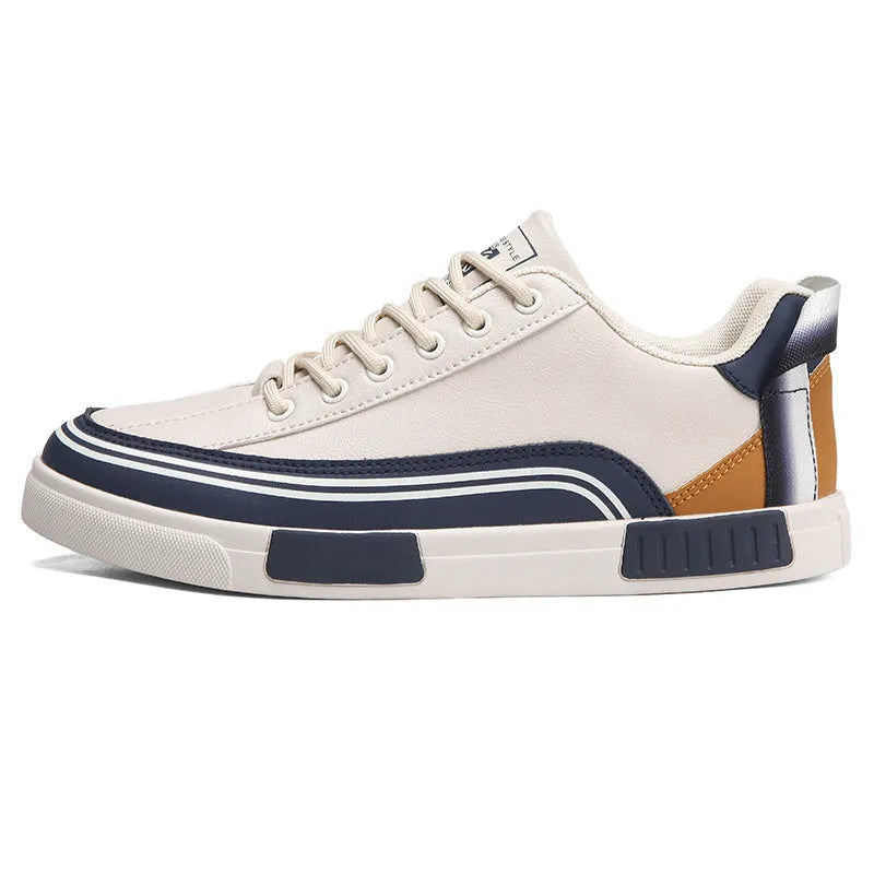 Men's beige canvas casual shoes with mesh sections and flat heel