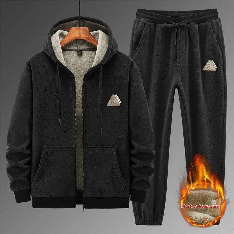Men's grey casual sports suit set featuring a hooded long-sleeve sweater and matching trousers