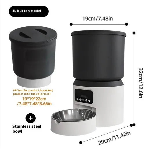 4L smart pet feeder with Wi-Fi and camera on floor next to cat, showing mobile app control interface.