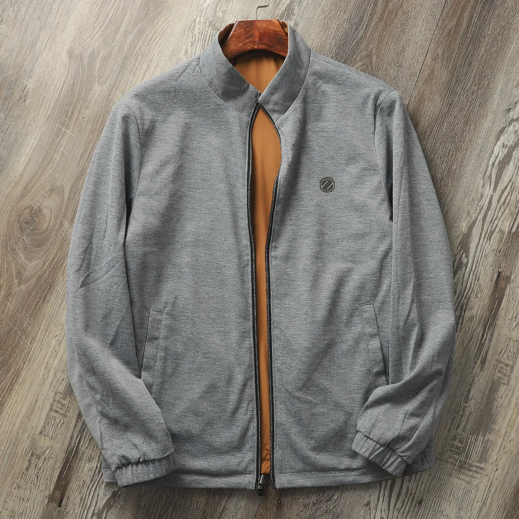 Men's simple stand collar jacket in polyester blend, shown in army green colour.