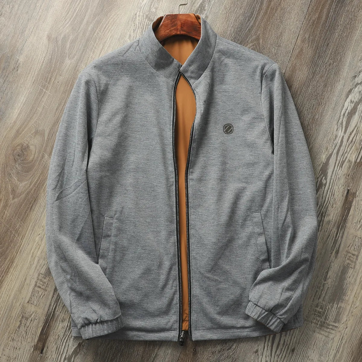 Men's simple stand collar jacket in polyester blend, shown in army green colour.