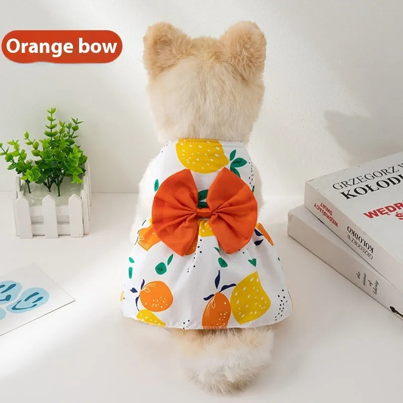 Ultra-thin floral butterfly knot pet dress for dog or cat with coloured bow, shown in blue.