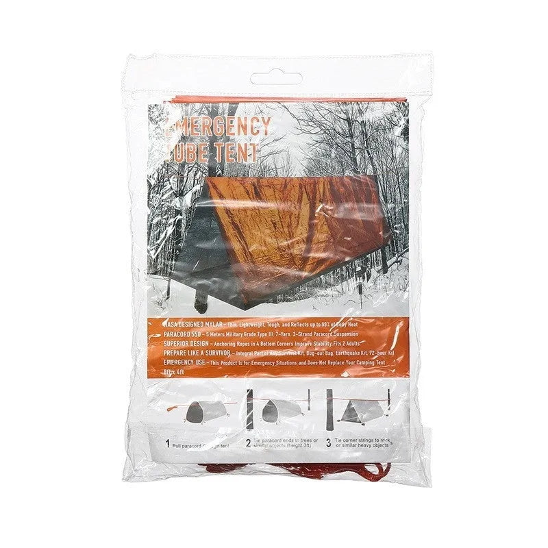 Orange portable disaster relief tent kit with sleeping bag and emergency blanket for outdoor emergencies