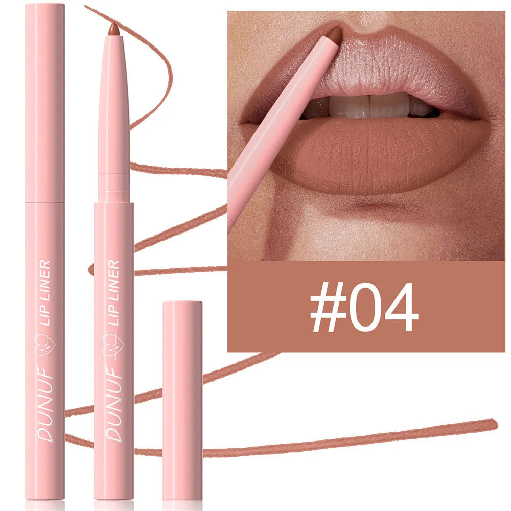 A Velvet Matte Lip Liner pencil shown alongside swatches of its twelve available colour shades.