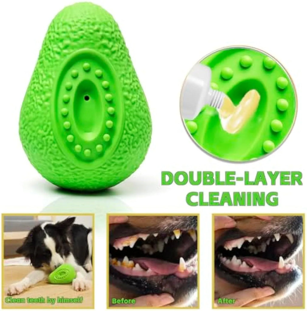 Green avocado-shaped natural rubber indestructible dog chew toy for aggressive chewers.