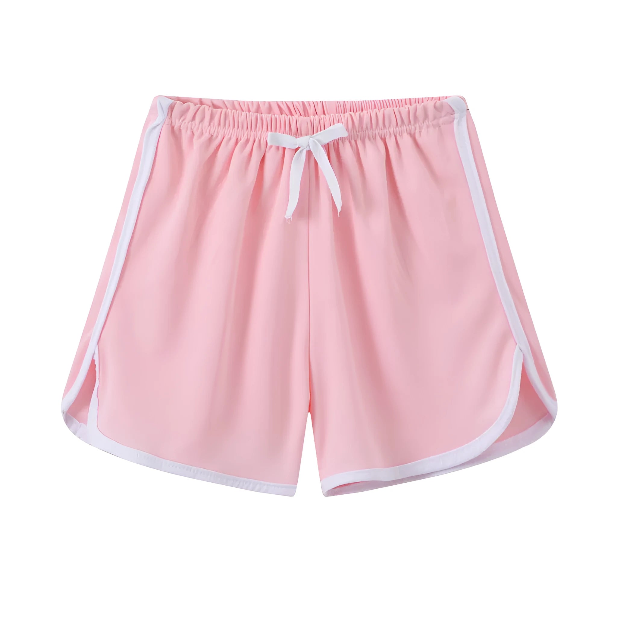 Children's polyester beach shorts in various colors and patterns including pineapple and kitten designs for sizes 100 to 140