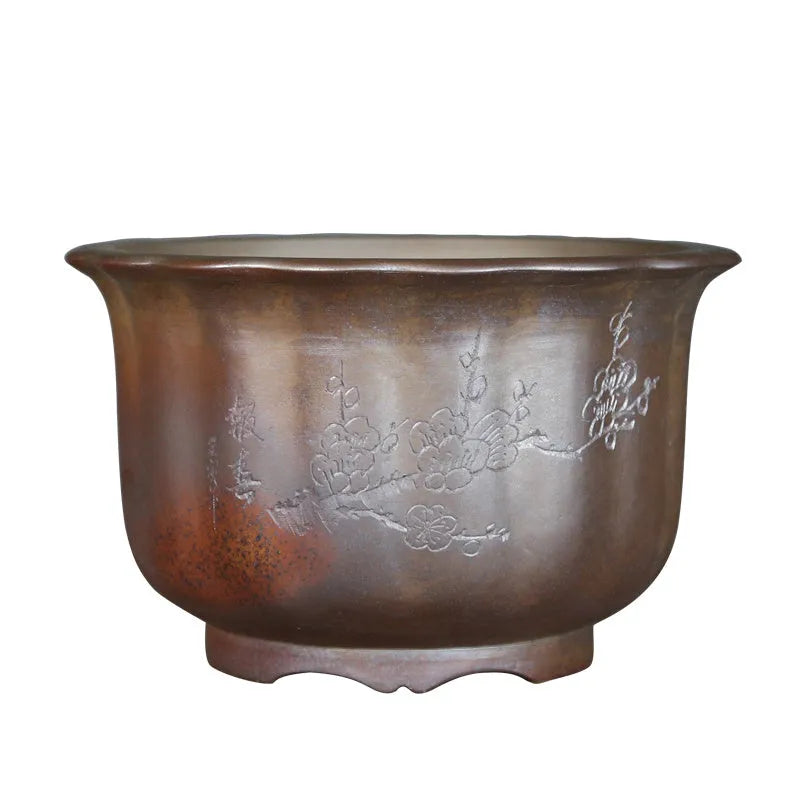 Antique carved purple sand ceramic flower pot for indoor bonsai in classical style
