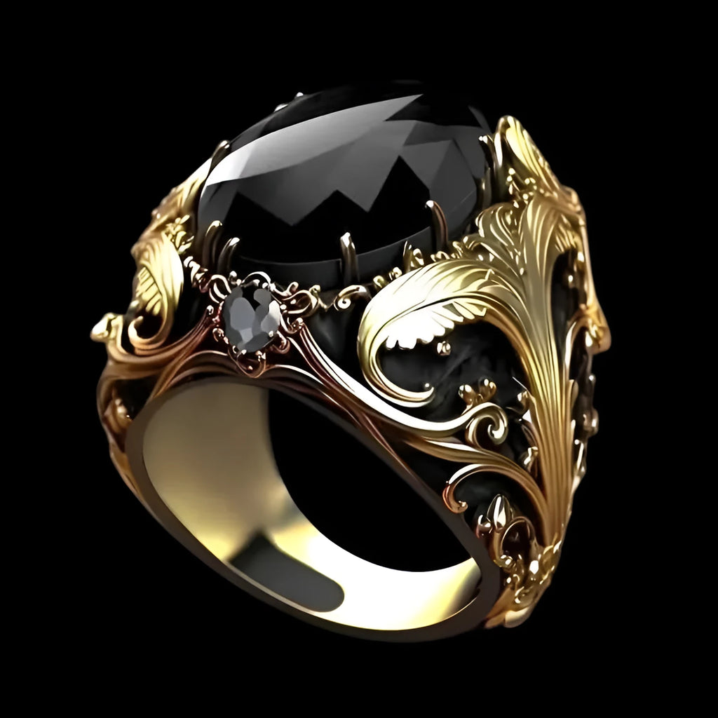 Silver geometric pattern men's wide face ring with imitation ink colour gem ornament