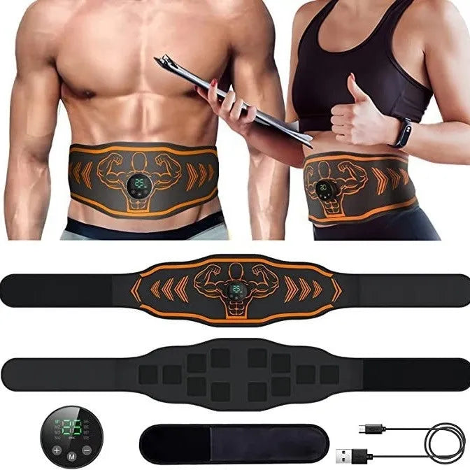 Smart EMS massage belt fitness equipment with rechargeable battery and timer in blue and orange colour options