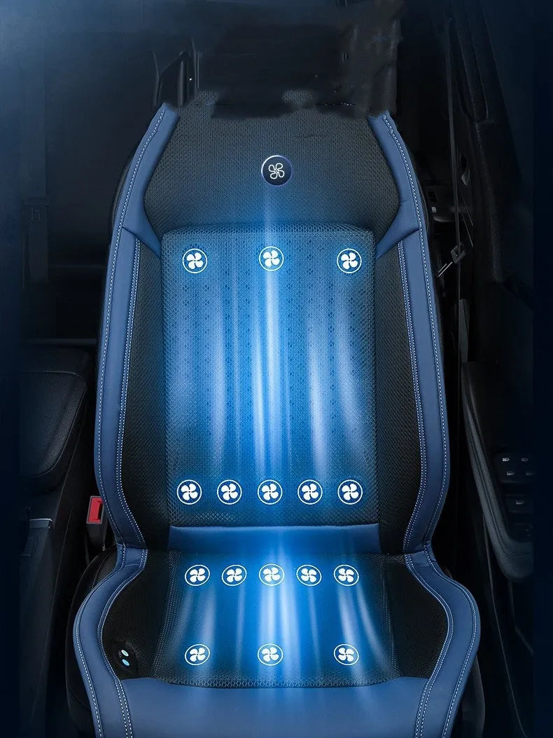 Single-seat car cooling pad with minimalist solid-colour design, shown in blue and black options.