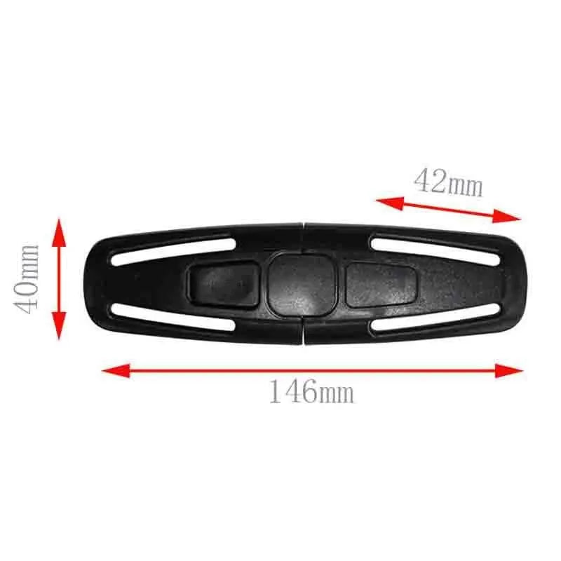 Black nylon seat belt buckle for child car seat harness, shown with a 5-point strap diagram.
