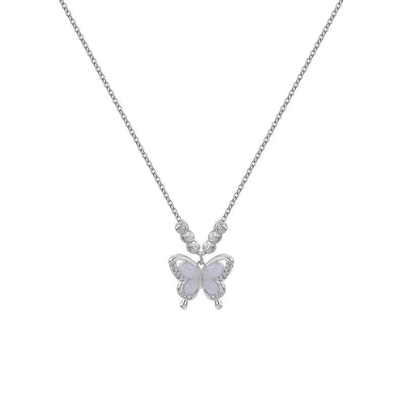 Women's silver butterfly necklace with square line pendant on cross chain