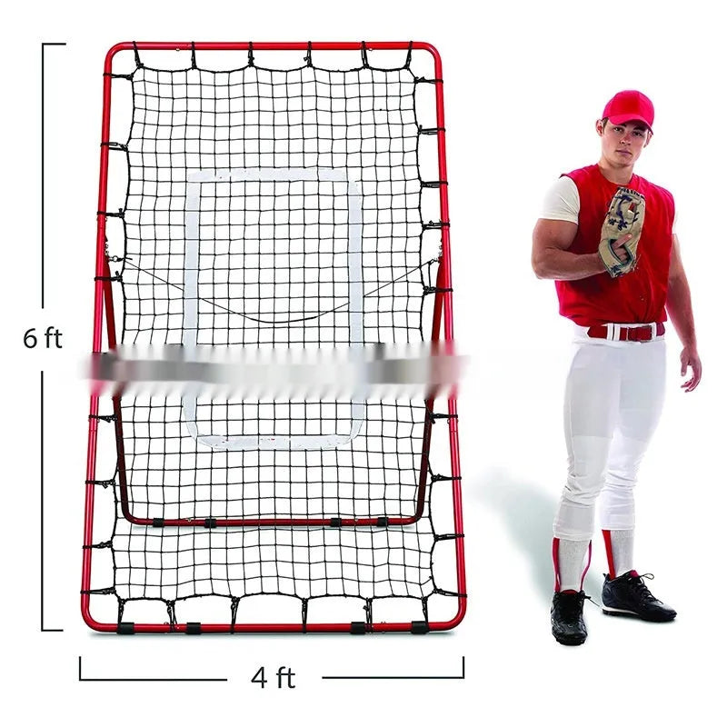 Red 4x6ft adjustable baseball training net with metal frame and carry bag