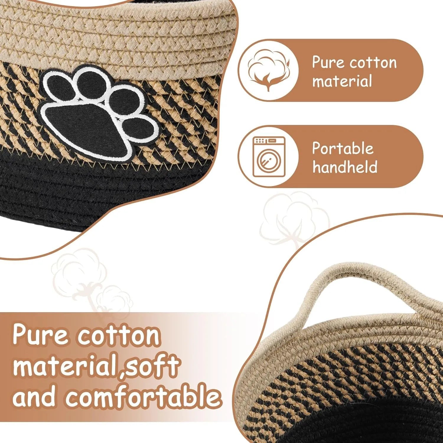 Light beige handmade cotton rope woven storage basket with wooden accents and handles.