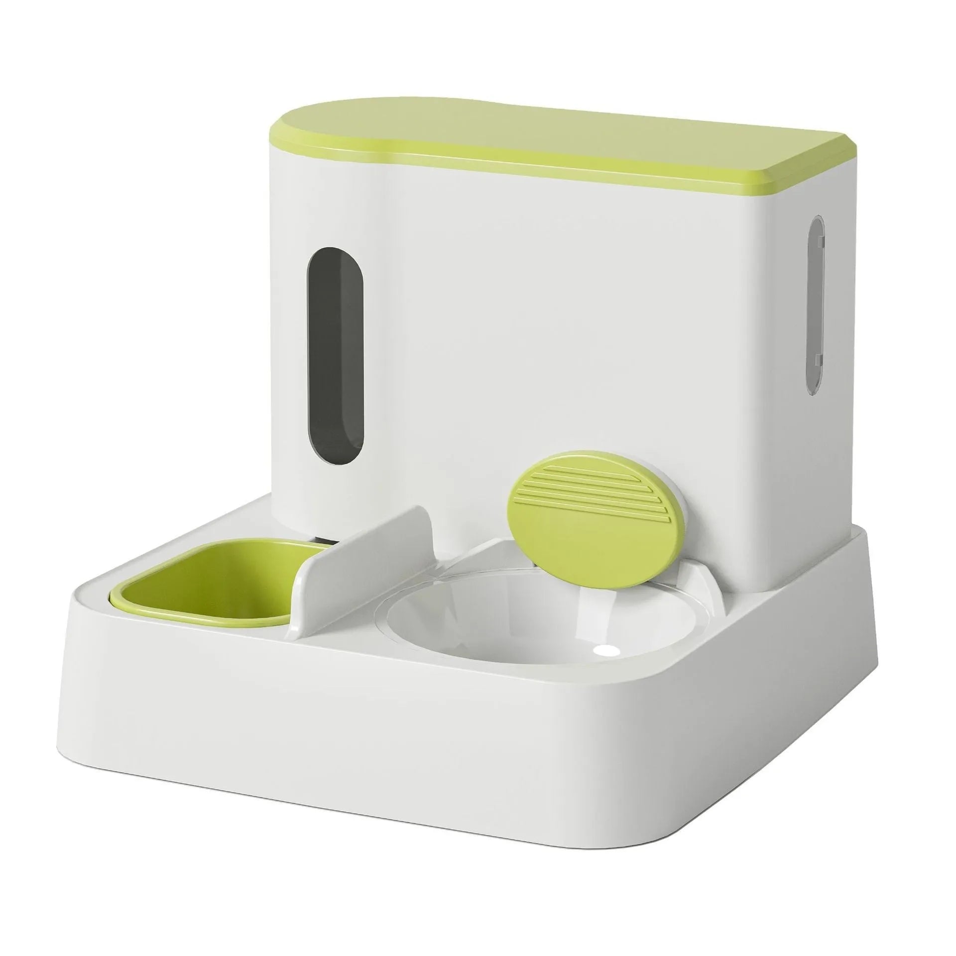 Cat automatic feeder water dispenser with integrated double bowl system in grey, yellow or green