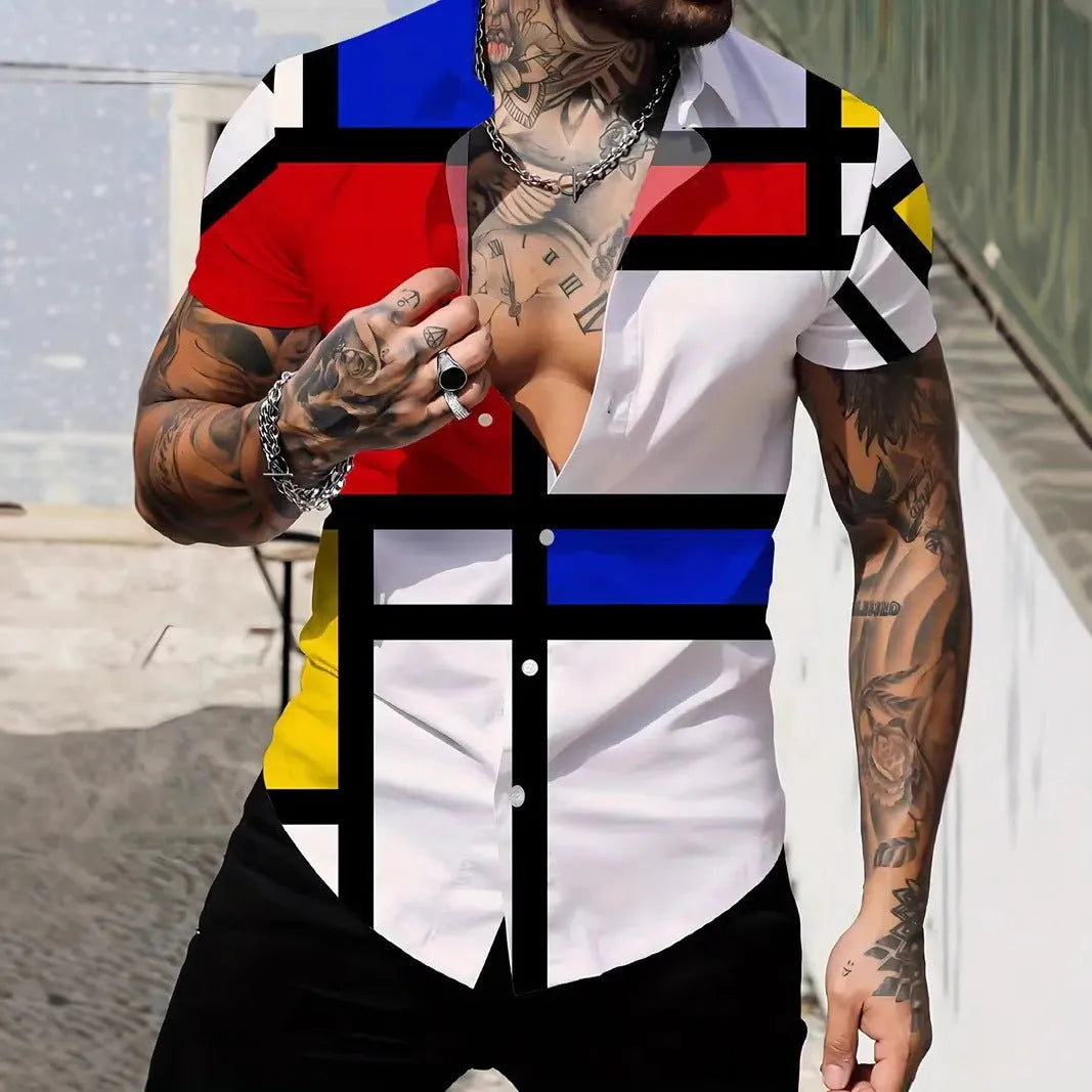 Men's geometric line lapel printing short sleeve shirt in slim fit summer styling