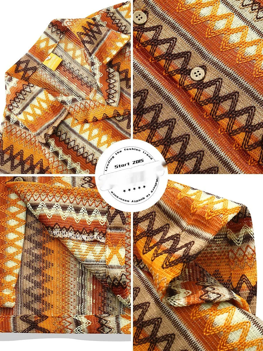 Ethnic style woven Cuban collar shirt with contrasting colours, loose fit, and short sleeves.