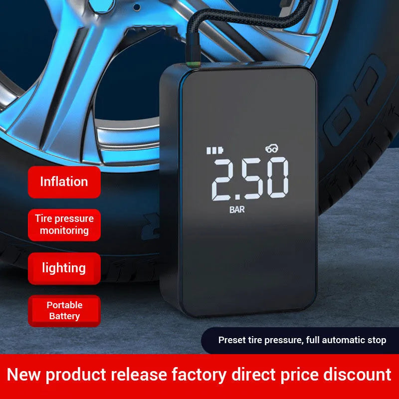 Compact wireless digital tyre inflator with LCD display and multiple air nozzles