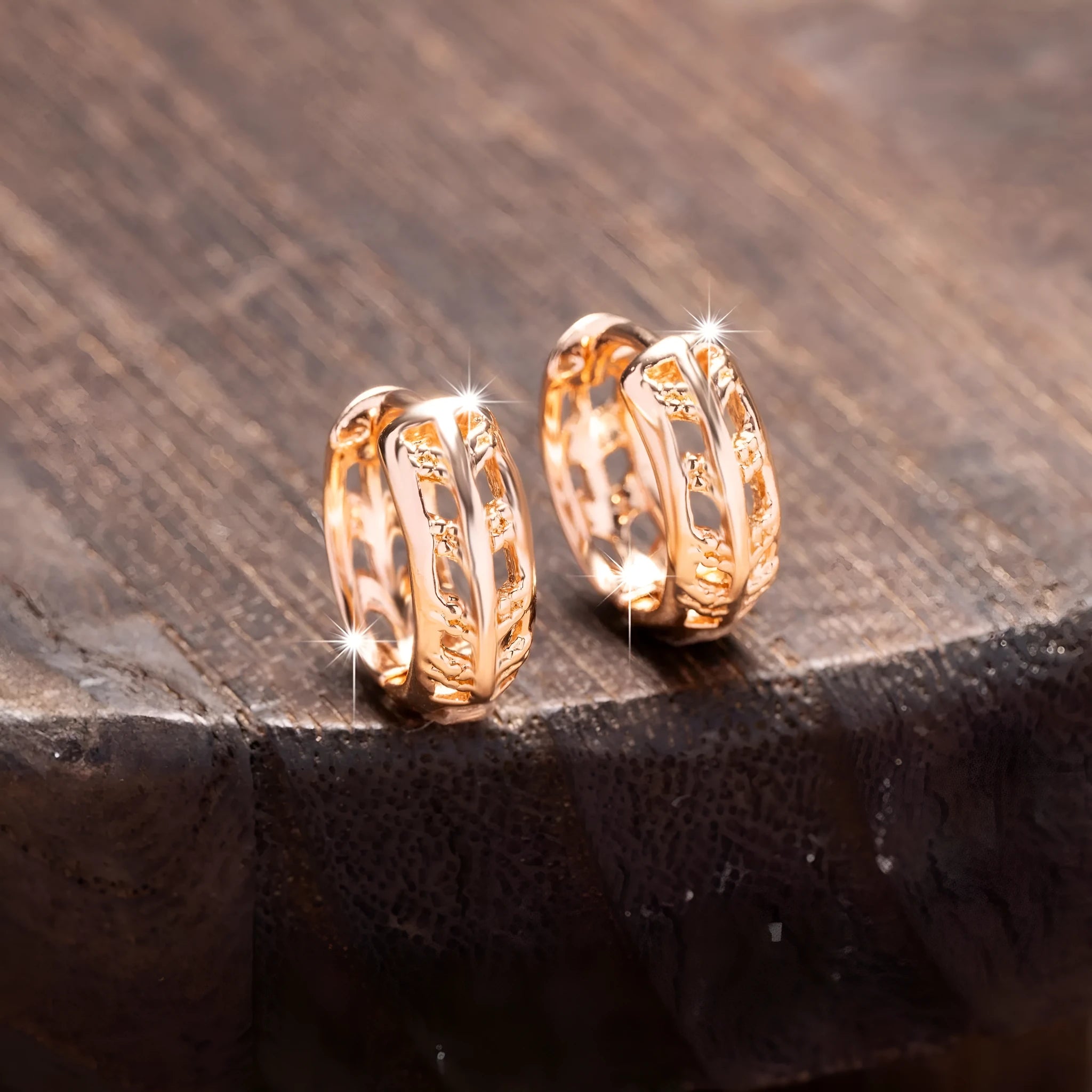 Copper heart and leaf shaped hollow earrings with rose gold finish