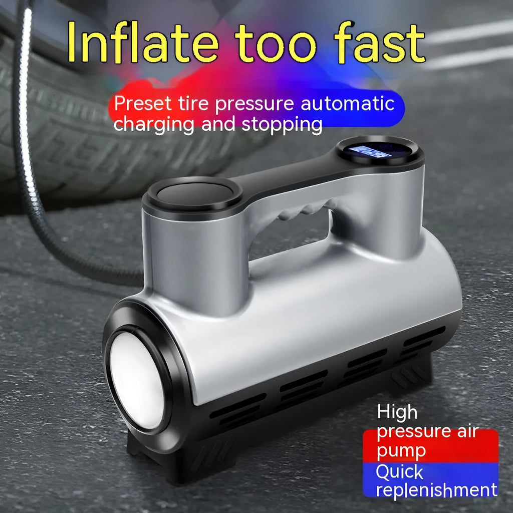 12V portable car tyre inflator with digital or pointer display, LED light and 3 nozzles in ABS casing