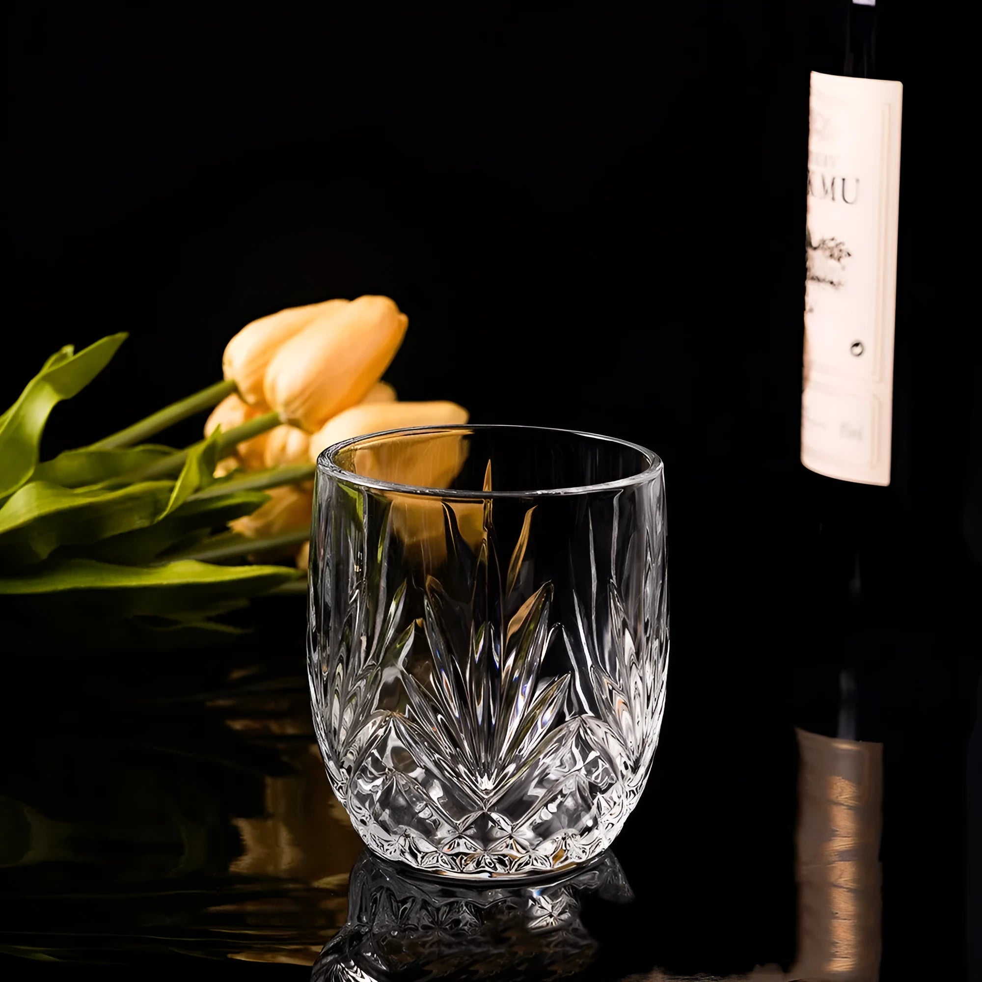 Thick bottom crystal whiskey glass showing clear glass construction and substantial base