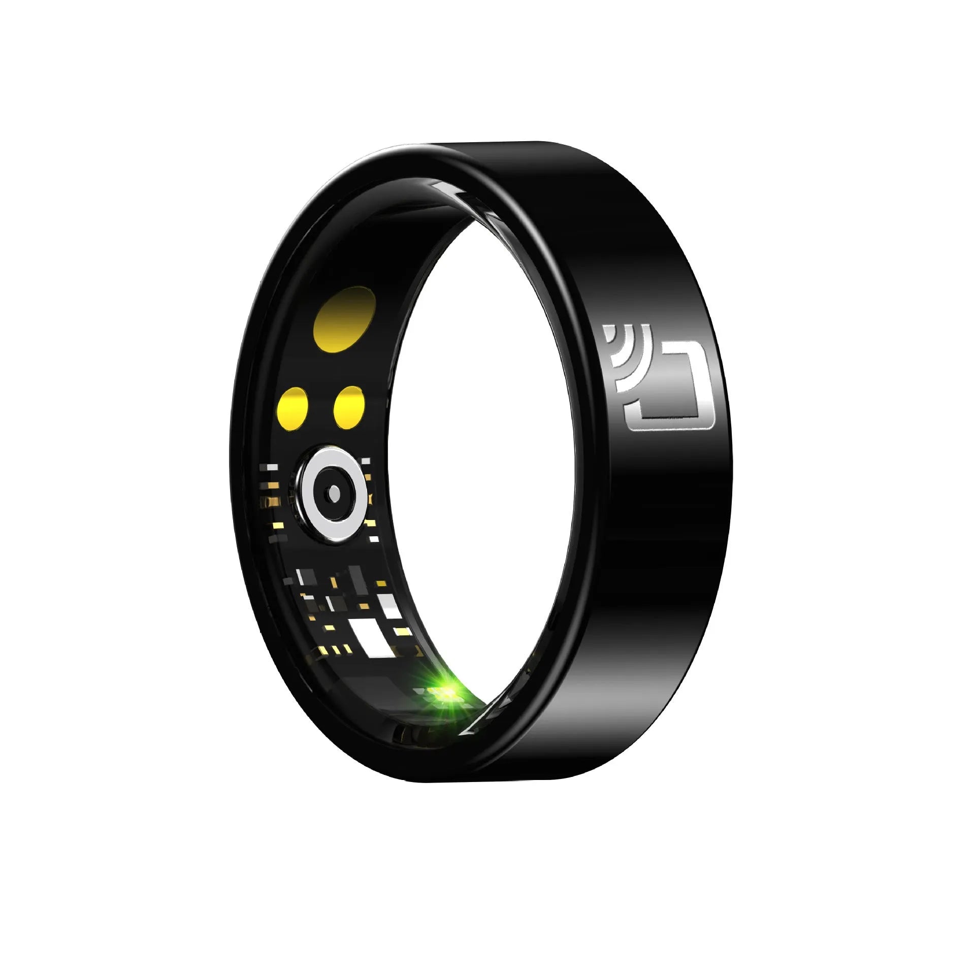 Black ceramic smart ring for heart rate and blood oxygen monitoring on a finger.